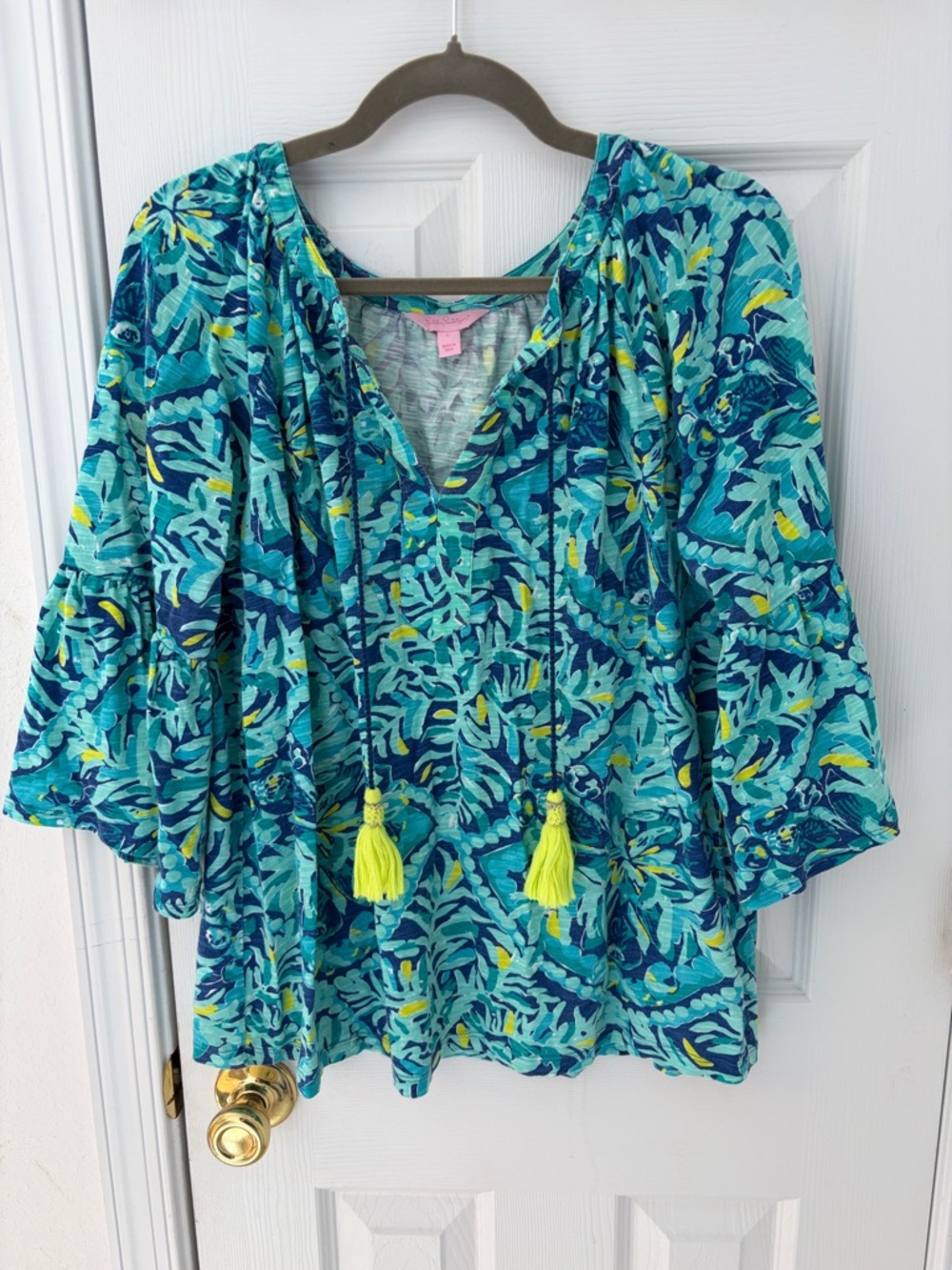 Boho Floral Tie-Front Peasant Top in Teal Blue